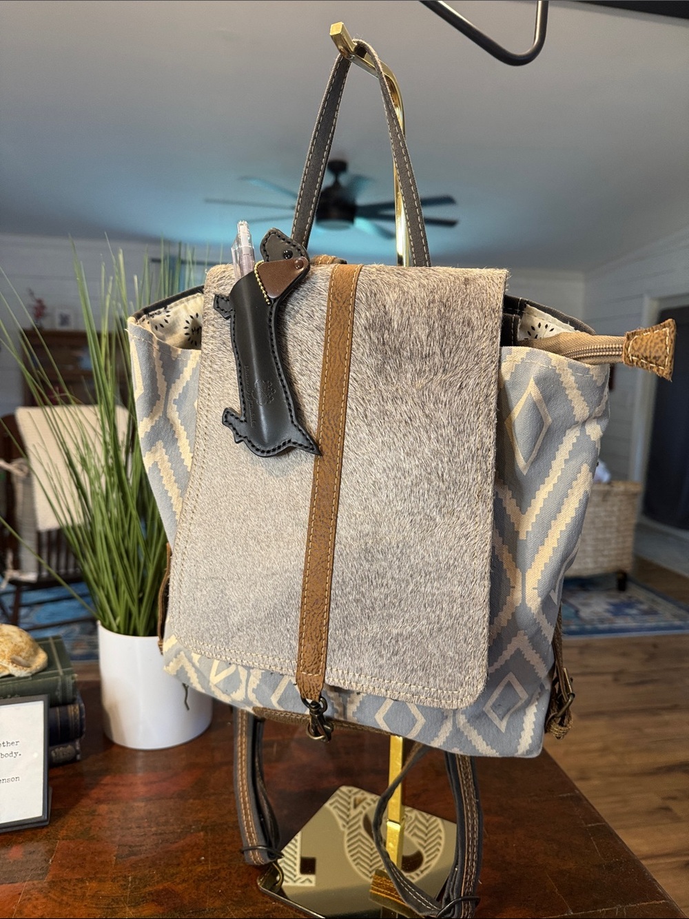 Myra Bag Gray and Brown Patterned Backpack (CLRD)
